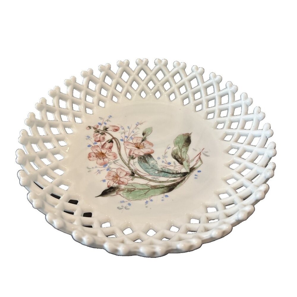 Vtg. 9” Round Milk Glass Painted Floral Bowl Basket weave Lattice Open Lace